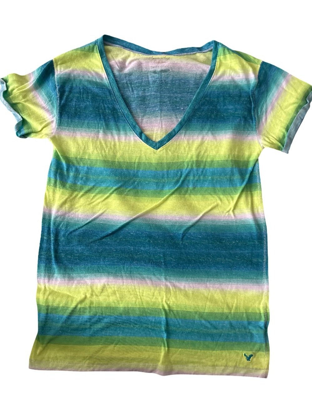 American Eagle Outfitters Striped V-Neck Tee in Teal, Aqua & Lime